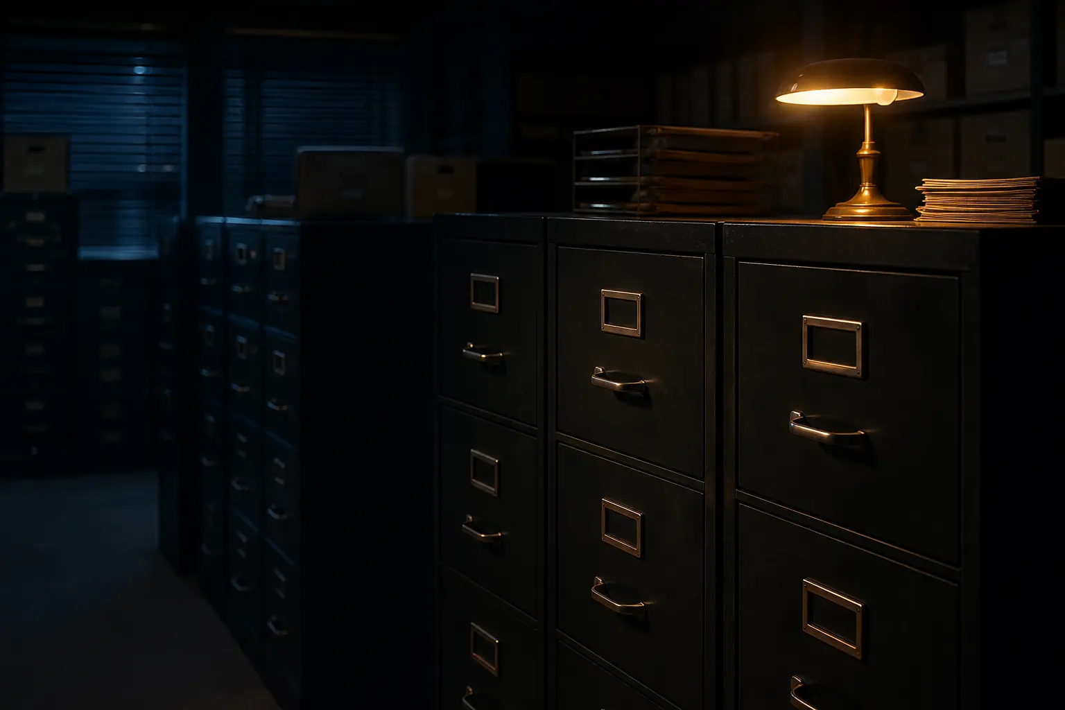 Dim archive room with dark filing cabinets and an amber desk lamp on top