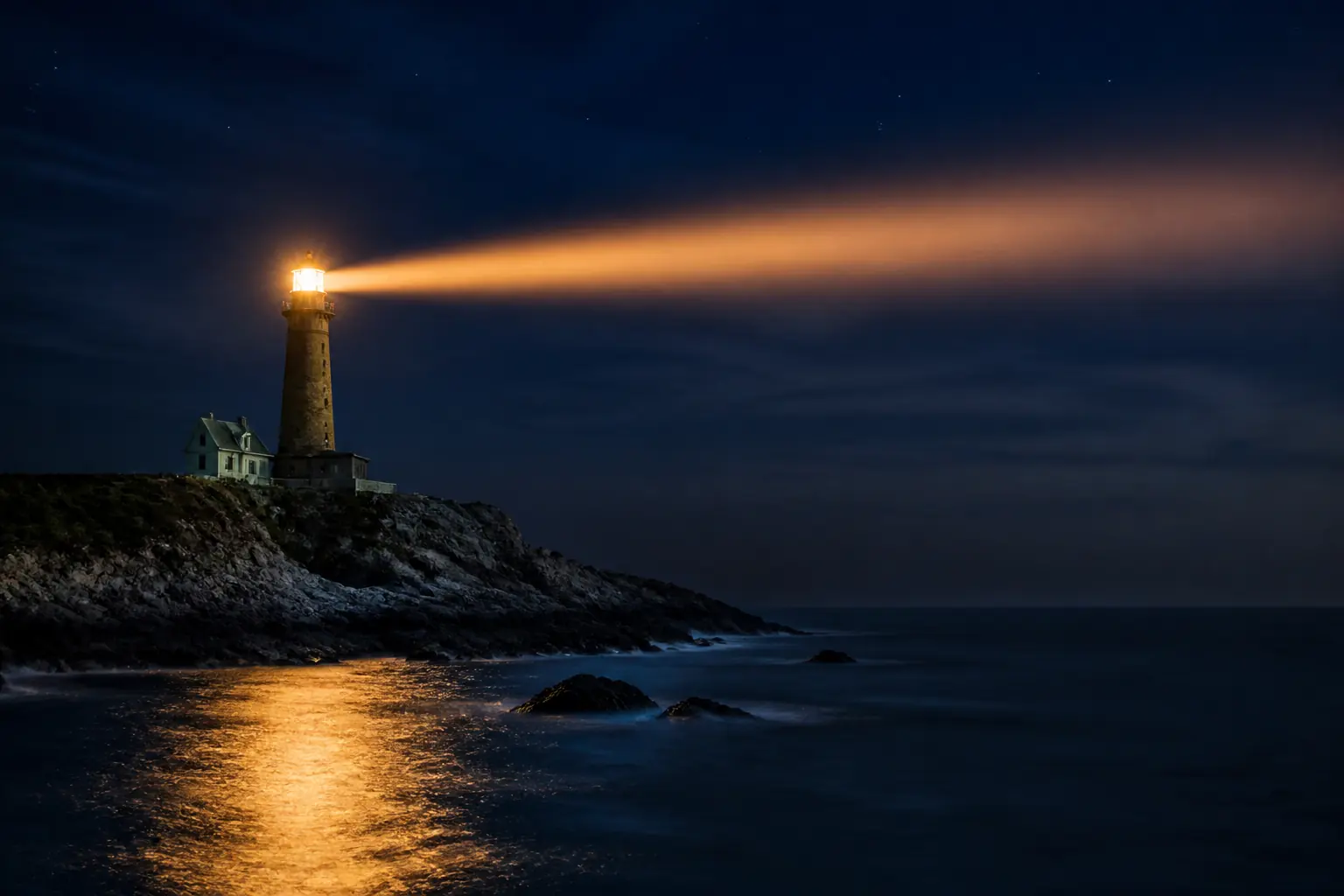 A lighthouse at night casting a warm beam across dark blue water