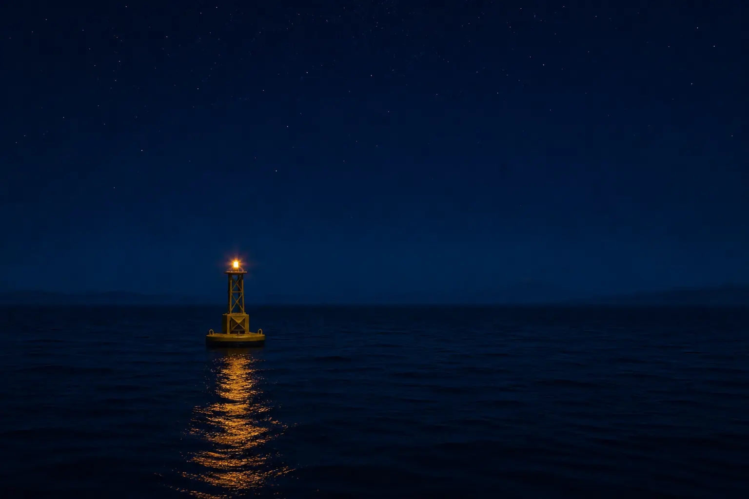 A navigation buoy lit with amber light on calm water at night