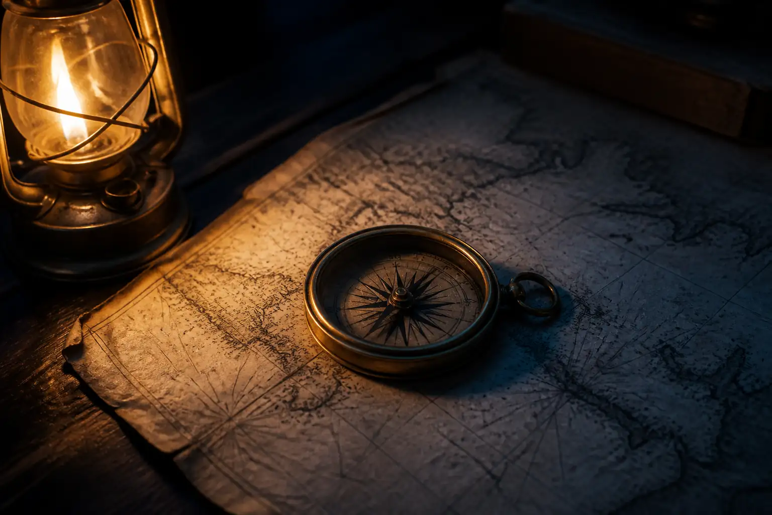 A brass compass on an open nautical chart lit by an oil lamp on a desk at night