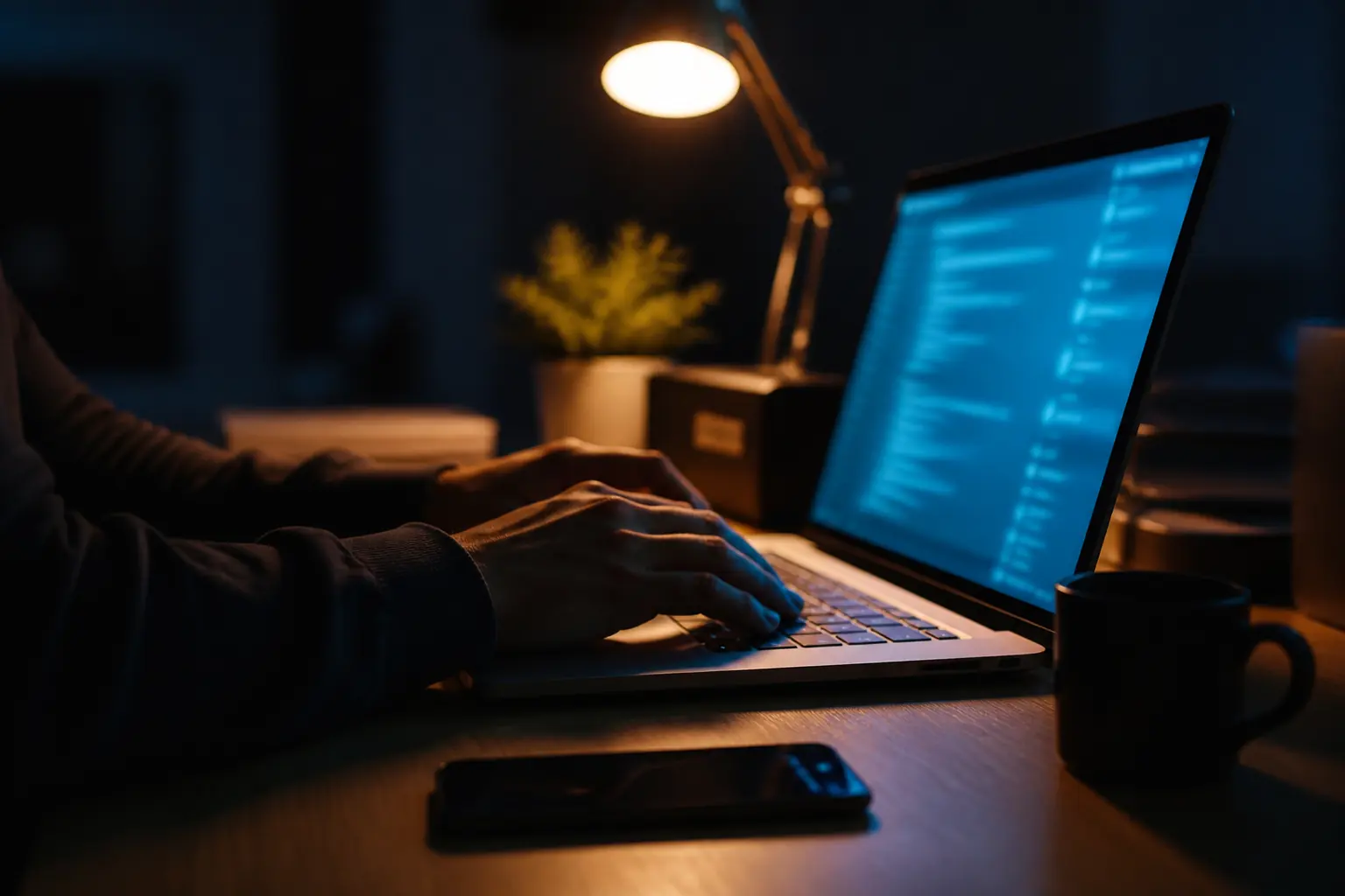 Late at night at a desk, hands typing registration details on a laptop lit only by a desk lamp and screen glow