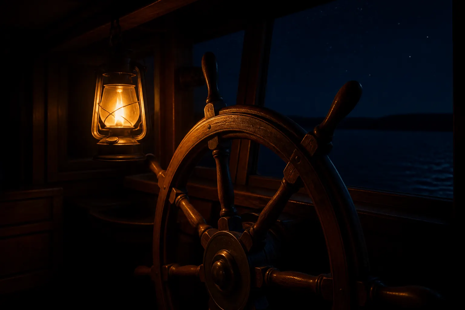 A wooden ship wheel in a night cabin lit by an amber oil lamp on the spoke