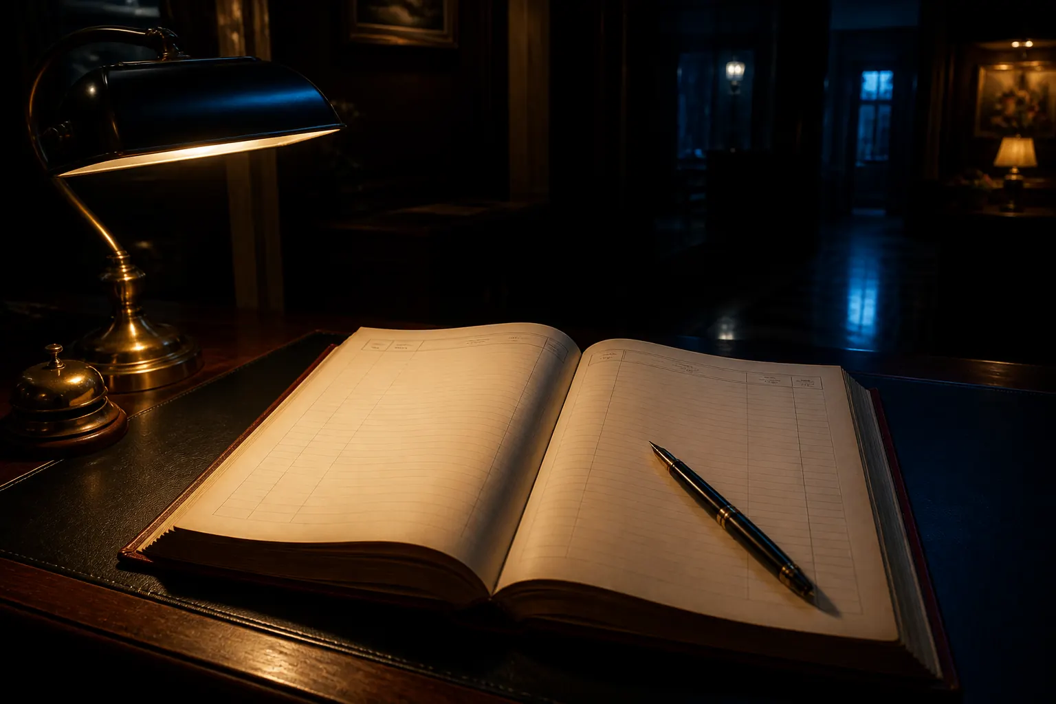 A blank guest ledger open under warm desk lamp light with a fountain pen resting on it