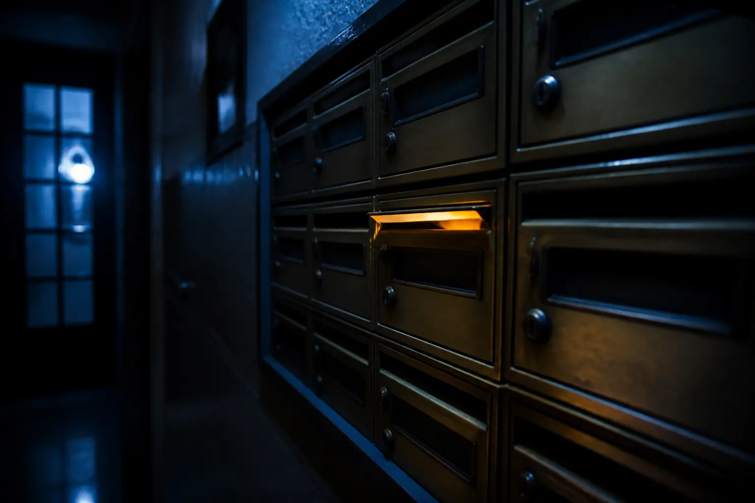 A row of physical mailboxes at night, one slot glowing with amber light